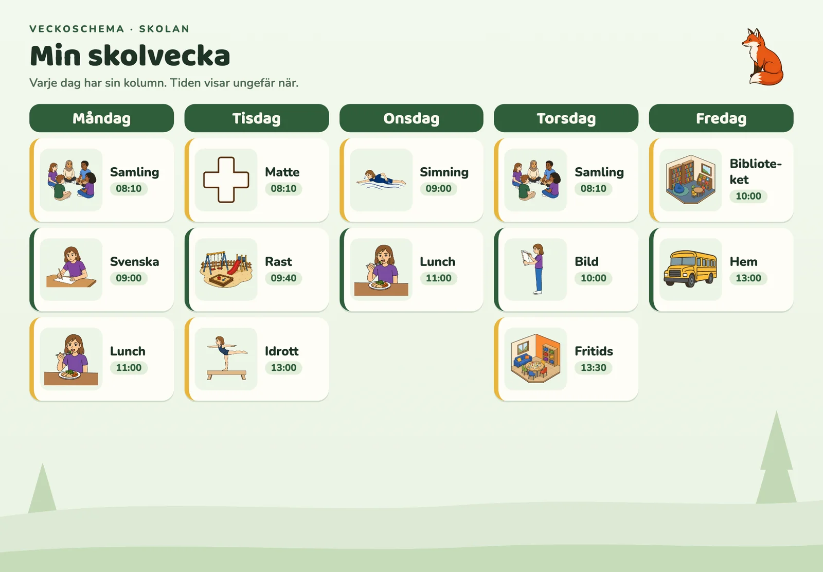 Ett veckoschema för skolan, måndag till fredag, visat på en iPad i Áigi Plans Skärm.