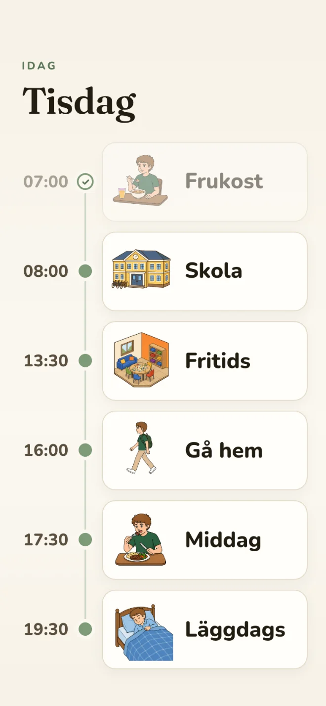 Exempel på ett dagsschema i mobilen: tisdag från frukost till läggdags, med tider.